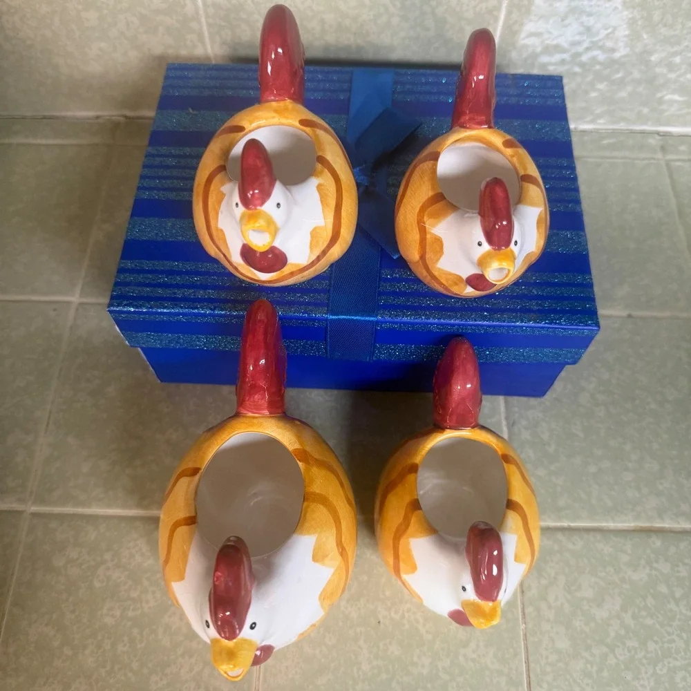 Ceramic Rooster Measuring Cups Set of 4 Farmhouse Kitchen Decor Yellow Red
